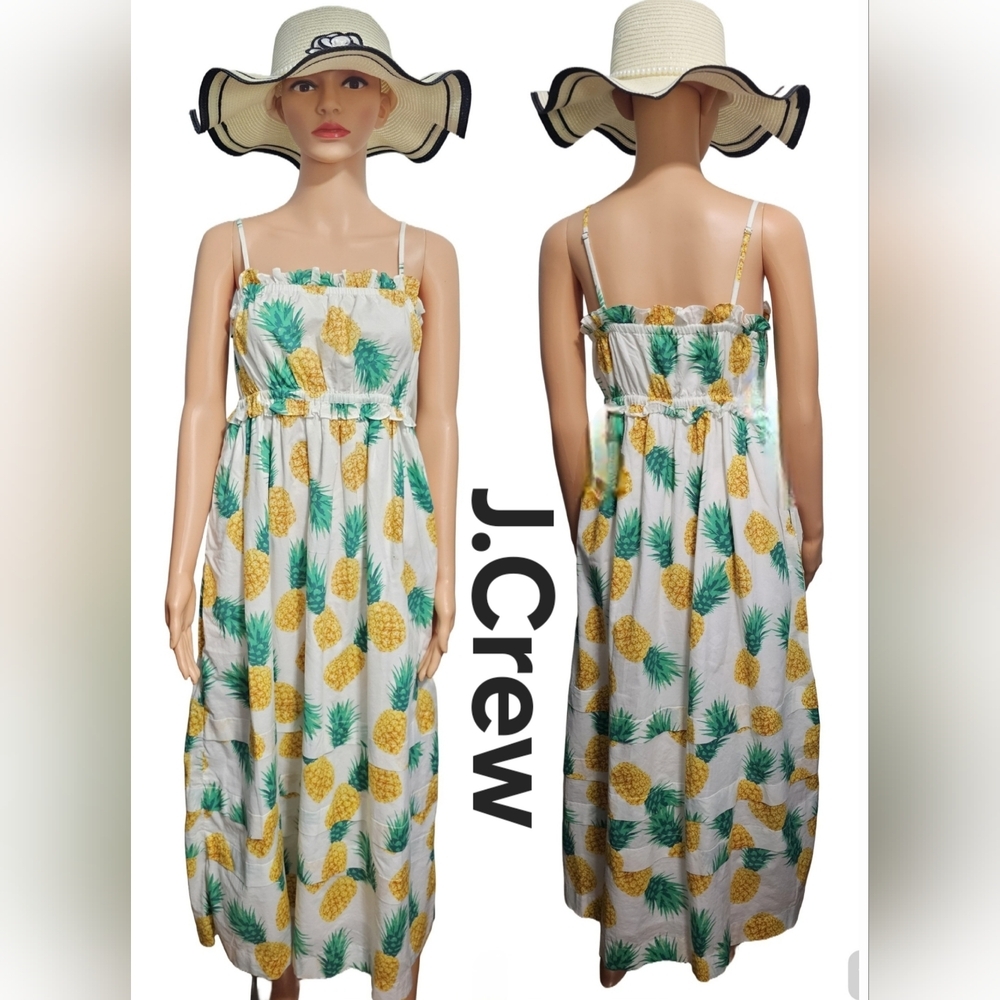 J.Crew Pineapple Squareneck Ruffle Maxi Dress Summer Resortwear Sz 0(XS)